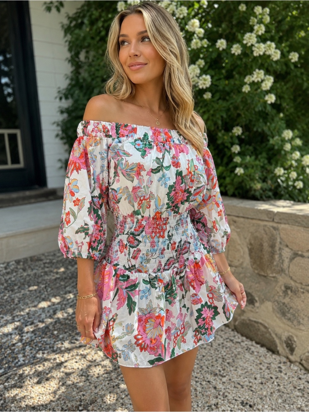 NEW MISA Los Angeles Marta Floral‎ Off-Shoulder Smocked Mini Dress Medium